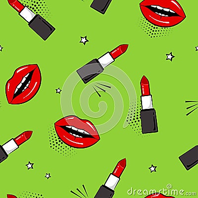 Seamless pattern with red lipstick and lips, stars. Pop art style. Vector illustration Cartoon Illustration