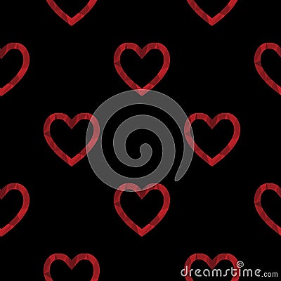 Seamless pattern with red outline polygonal hearts on the black background Vector Illustration