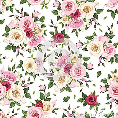 Seamless pattern with red, pink and white roses. Vector illustration. Vector Illustration