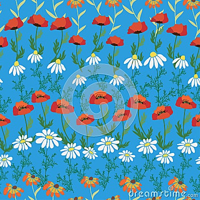 Seamless pattern with red poppies, white chamomile flowers, yellow rudbeckia. Summer flower field, meadow. Stock Photo