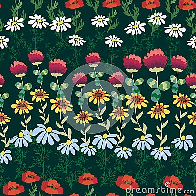 Seamless pattern with red poppies, white chamomile flowers, yellow rudbeckia. Summer flower field, meadow. Stock Photo