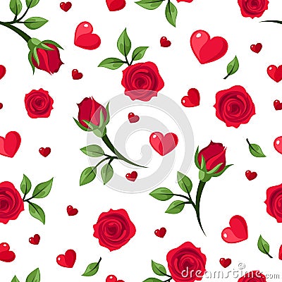 Seamless pattern with red roses and hearts on whit Vector Illustration