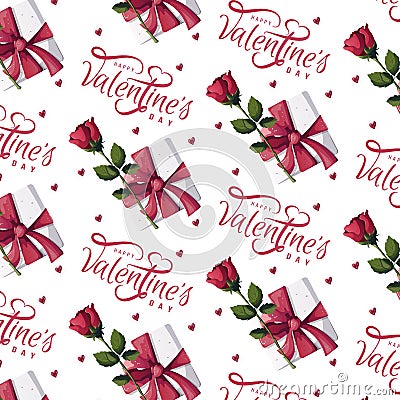Seamless pattern with red roses, leafs, gift box, hearts Stock Photo