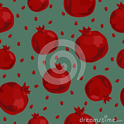 Seamless pattern with red shabby pomegranates and seads on dark turquoise background Cartoon Illustration