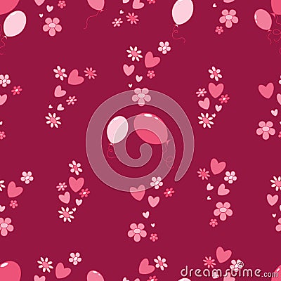 Seamless pattern in red tones with hearts, balloons and flowers for Valentine's Day Vector Illustration