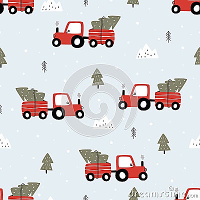 seamless pattern red tractor with christmas tree Vector Illustration