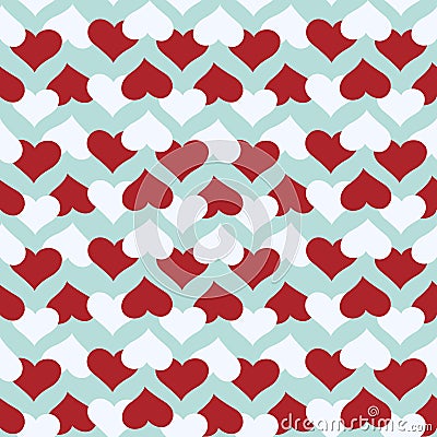 Seamless pattern with red and white hearts over blue background. Vector Illustration