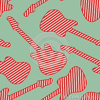 Seamless pattern with red white striped finish guitar silhouettes. Vector Illustration