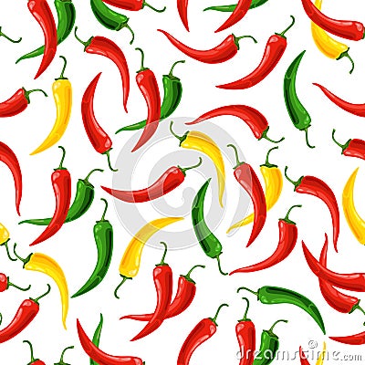 Seamless pattern of red, yellow and green chili peppers on a white background. Vector background Vector Illustration