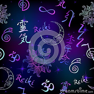 Seamless pattern with Reiki energy symbols. Esotericist. Energy healing. Alternative medicine. Vector Stock Photo