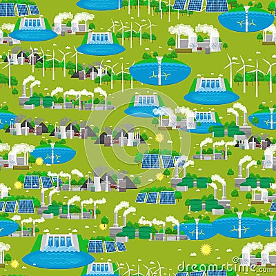 Seamless pattern renewable ecology energy, green city power alternative resources concept, environment save new Vector Illustration