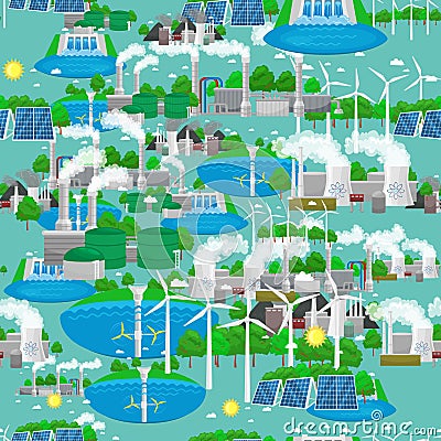Seamless pattern renewable ecology energy, green city power alternative resources concept, environment save new Vector Illustration