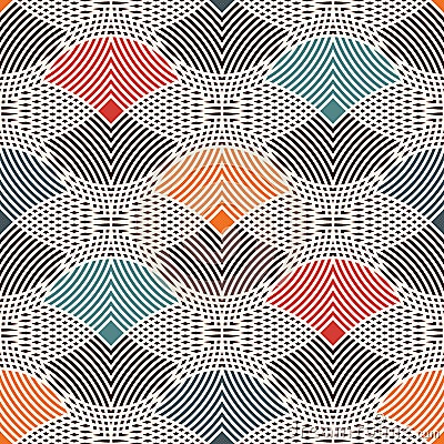 Repeated hatched overlapping circles seamless pattern. Openwork surface texture. Round links motif. Delicate background Vector Illustration
