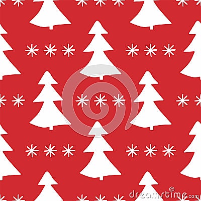 Seamless pattern with repeated silhouettes of Christmas trees and snowflakes drawn by hand. Vector Illustration