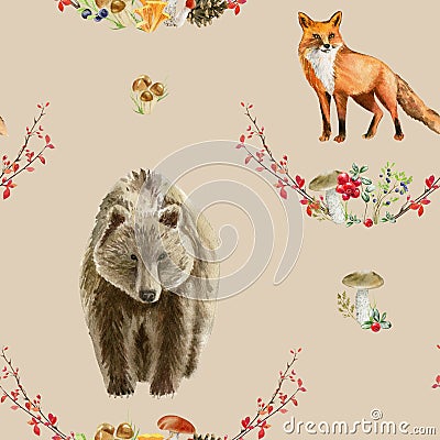 Seamless pattern repeated tile of watercolor animals Stock Photo