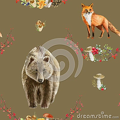 Seamless pattern repeated tile of watercolor animals Stock Photo