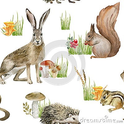 Seamless pattern repeated tile of watercolor animals Stock Photo