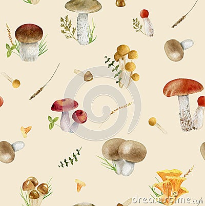 Seamless pattern repeated tile of watercolor mushrooms Stock Photo