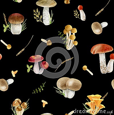 Seamless pattern repeated tile of watercolor mushrooms Stock Photo