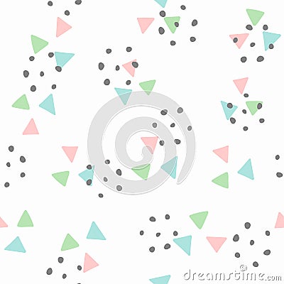 Seamless pattern with repeating triangles and round spots. Simple print for children. Vector Illustration