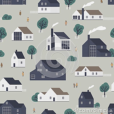 Seamless pattern with residential houses or village cottages in Scandic style and walking people. Backdrop with suburban Vector Illustration