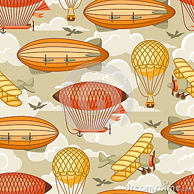 Seamless pattern with retro air transport. Vintage aerostat airship, blimp and plain in cloudy sky Vector Illustration