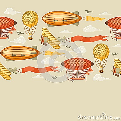 Seamless pattern with retro air transport. Vintage aerostat airship, blimp and plain in cloudy sky Vector Illustration