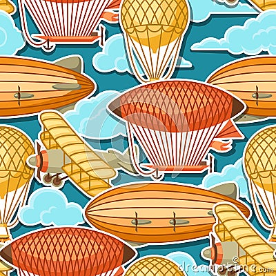 Seamless pattern with retro air transport. Vintage aerostat airship, blimp and plain in cloudy sky Vector Illustration