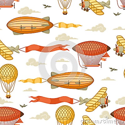 Seamless pattern with retro air transport. Vintage aerostat airship, blimp and plain in cloudy sky Vector Illustration