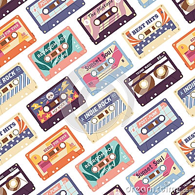 Seamless pattern with retro audio cassettes. Background with old stereo tapes with pop music records of 80s. Colorful Vector Illustration