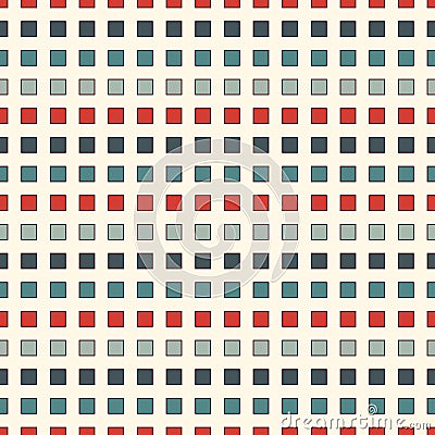 Seamless pattern with retro colors repeated squares. Horizontal dashed lines abstract background. Mosaic wallpaper. Vector Illustration