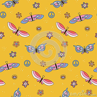 Seamless pattern with retro daisies, butterflies and peace sign. Summer simple minimalist flower elements. 70s style Vector Illustration