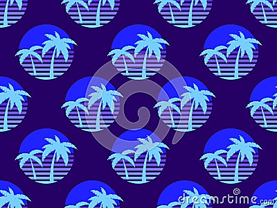 Seamless pattern with retro futuristic palm trees in 80s style at sunset. Palm trees on the background of the sun, synthwave style Vector Illustration