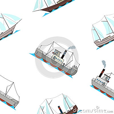 Seamless pattern with retro ocean ships in cartoon style on white background Vector Illustration