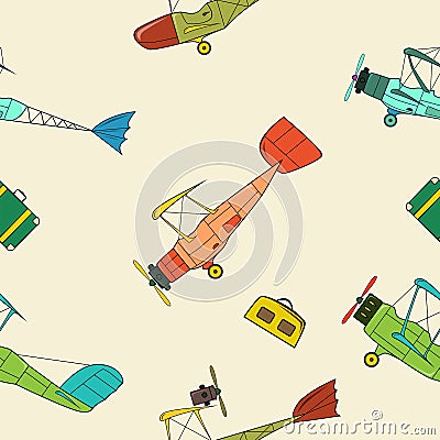 Seamless pattern with retro planes and bags in cartoon style on beige background Vector Illustration