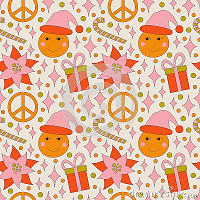 Seamless pattern with retro 70s style Christmas elements. Vector Illustration