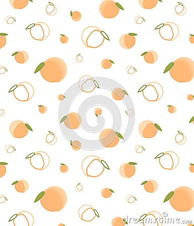 Seamless pattern of ripe pink-orange peaches of different sizes. Cute cartoon peaches on a white background Vector Illustration