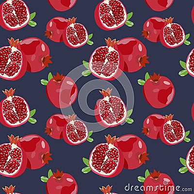 Seamless pattern with ripe pomegranate on a blue background. Vector illustration. Vector Illustration