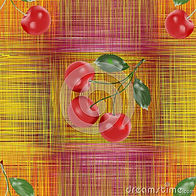 Seamless pattern with ripe red cherries on grunge striped checkered colorful bright background Vector Illustration