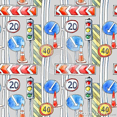 Seamless pattern of a road, traffic light, signs and markup. Cartoon Illustration