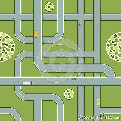 Seamless Pattern of Roads With Cars. Aerial View of Highway Vector Illustration