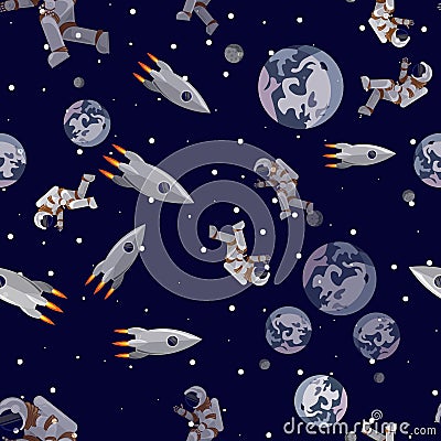 Seamless pattern Rocket and astronaut flies near the planet Earth Stock Photo