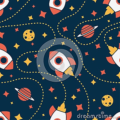 Seamless pattern with rocket, saturn, moon and star. Space background Vector Illustration