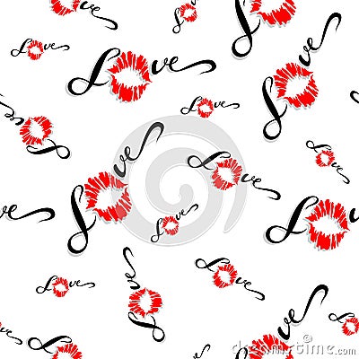 Seamless pattern. Romantic print for fabric. Love. Lettering. Kiss. Lip print. Valentine. Red. On white background. Vector. Stock Photo