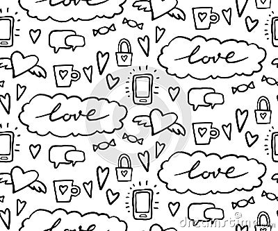Seamless pattern on romantic theme. Vector illustration. doodle Wedding pattern. Valentine hearts Vector Illustration
