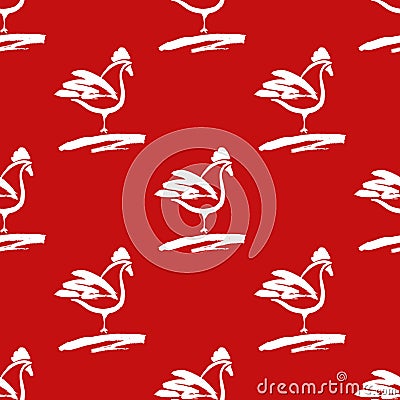 Seamless pattern with roosters. Drawn brush on the red bac Vector Illustration