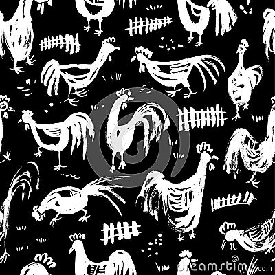 Seamless pattern with roosters. Ink artistic drawing with Vector Illustration