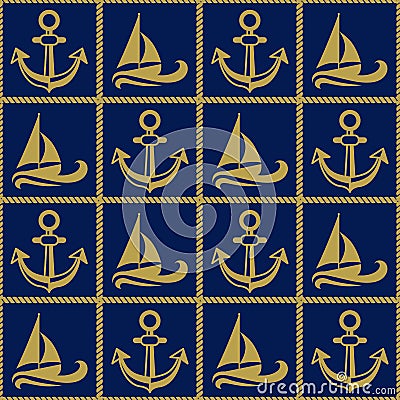 Seamless pattern with ropes anchors and boats. Ongoing backgrounds of marine theme. Vector Illustration