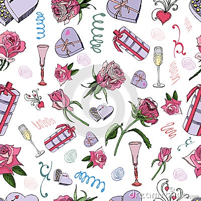 Seamless pattern of rose flowes with leaves, candy and other different gifts isolated on white background. Hand drawn ink sketch. Vector Illustration
