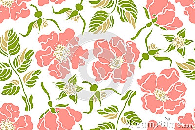 Seamless pattern with rose hips wild roses. Botanical background. Vector Illustration